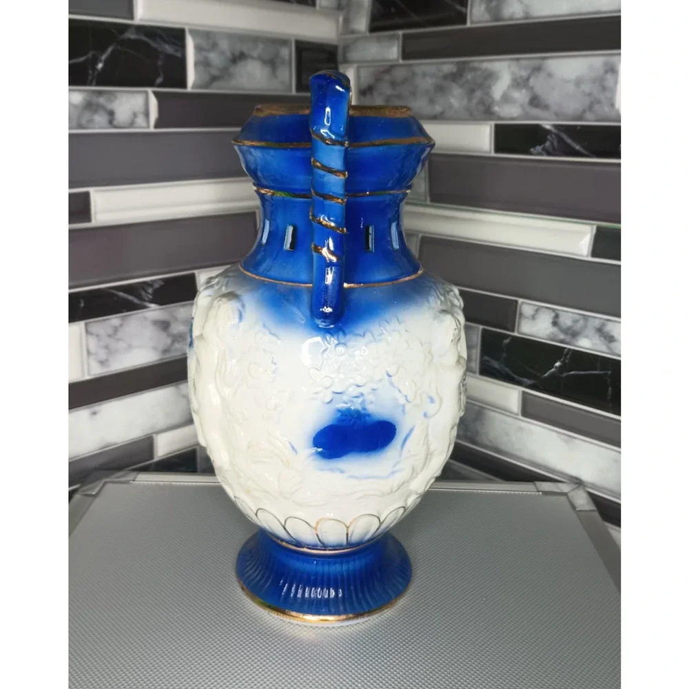 Vintage Cobalt Blue Cherub Angel Porcelain Urn Vase Gold Trim Handles Ceramic